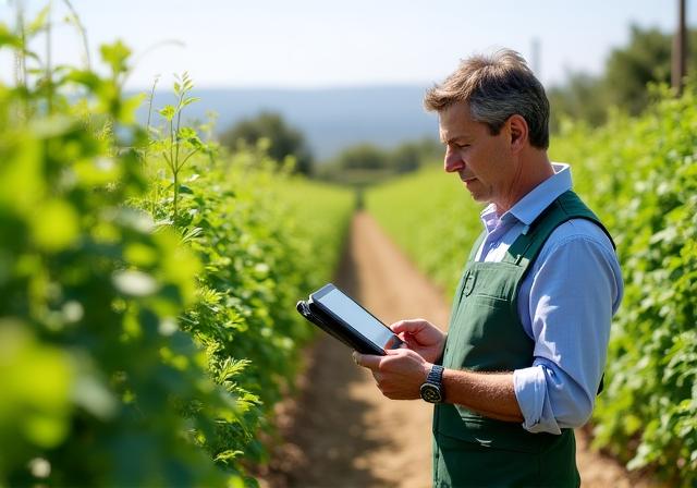 Consultor agrícola revisando la calidad de plantas herbáceas en un campo orgánico de España