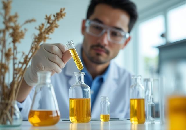 Científico analizando pureza de aceites esenciales en laboratorio moderno
